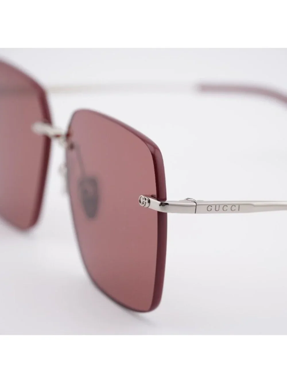 Gucci GG1955SA 003 Sunglasses Shiny Silver Square Frame, Burgundy Lenses